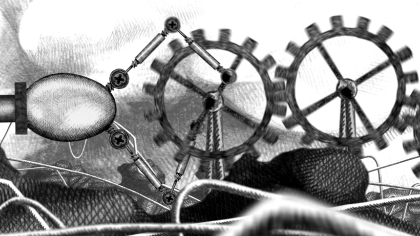 screen shot from Foodstuffs of pencil drawn egg shaped robot driving the cogs to power the system